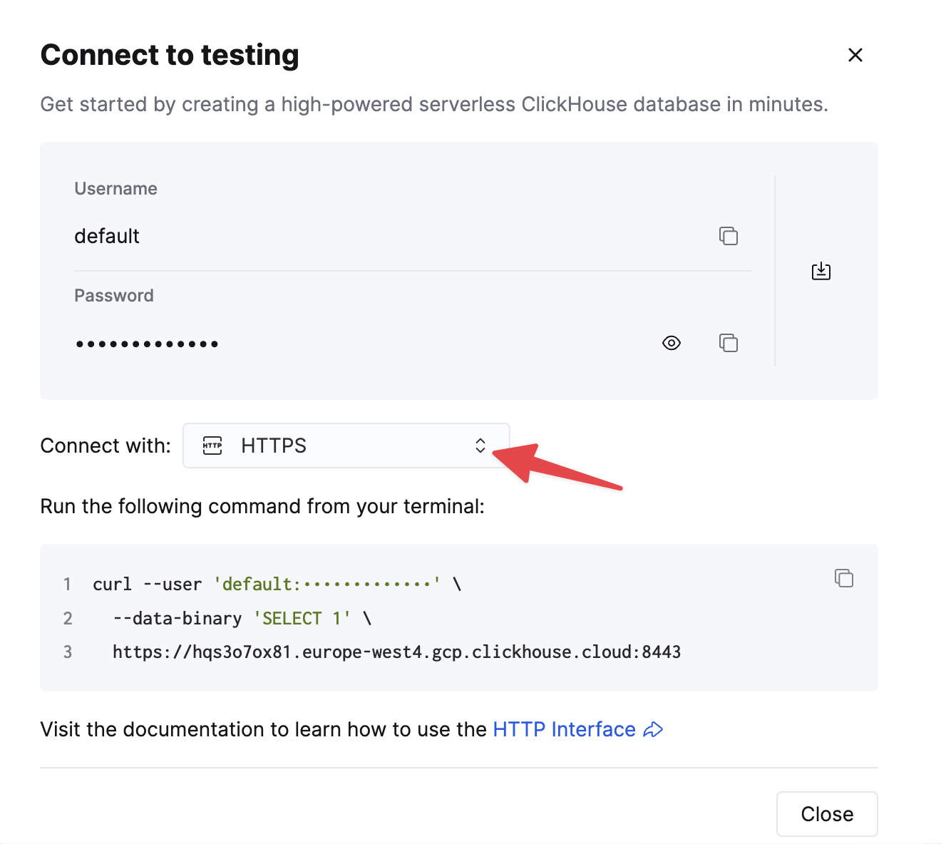 ClickHouse Cloud HTTPS connection details